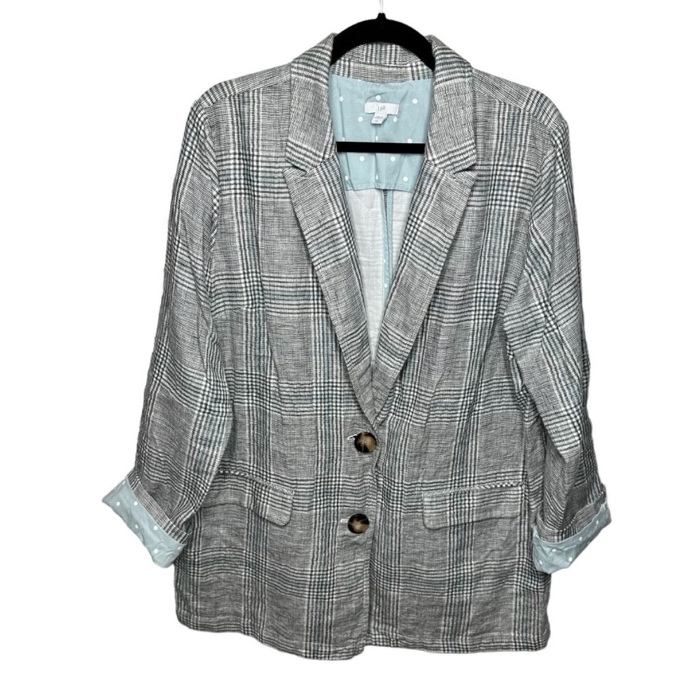 J Jill Coriander Linen Blend Blazer Jacket in Gray Plaid